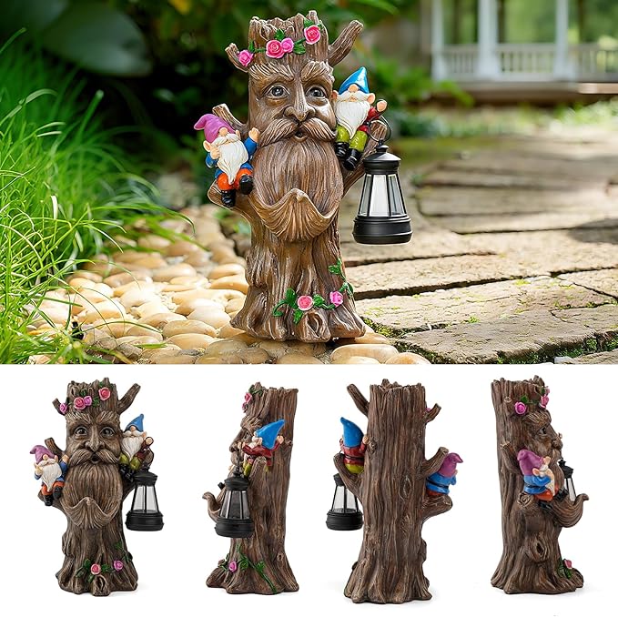 Whimsical Tree Ent Garden Statue with Gnomes – Solar Powered Outdoor Decor with LED Lantern, Funny Yard Ornament for Lawn, Patio, Porch, or Garden