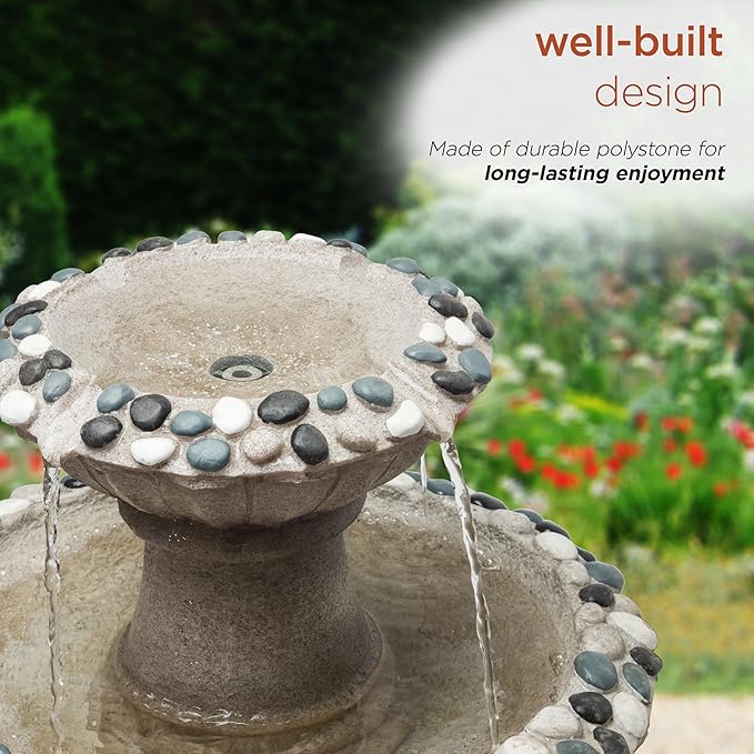 Alpine Corporation ZEN640S 24" 2 Tier Classic Pedestal Water Fountain, Indoor/Outdoor Floor Water Feature for Garden, Patio, and Home Décor, Gray