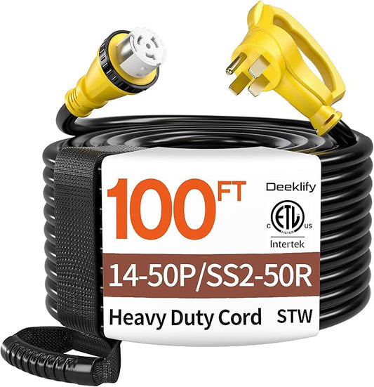 100FT 40 Amp Generator Cord, NEMA 14-50P/SS2-50R Heavy-Duty 4 Conductors Cable, Pure Copper STW RV Extension Cord, Female Plug with Twist Lock, Suitable for RV or Camper, ETL Listed by Deeklify