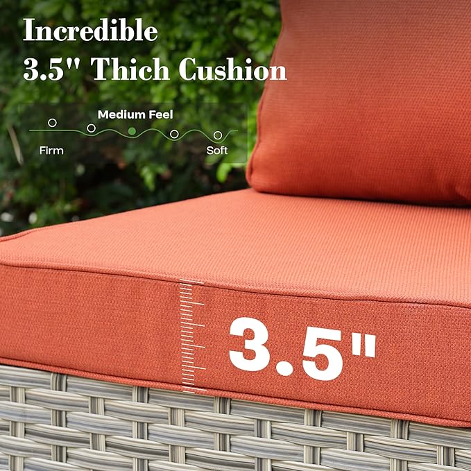 7 Piece Outdoor Patio Furniture with Glowing Coffee Table, Rattan Wicker Conversation Set with Sofa, Sectional Single Chairs for Outside Porch Balcony Backyard Pool,Orange