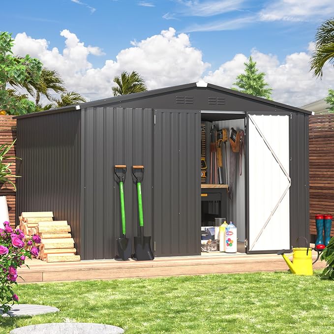 AECOJOY 8' x 10' Outdoor Storage Metal Shed, Dark Grey Steel Yard Shed & Outdoor Storage Clearance with Design of Lockable Doors, Utility and Tool Storage for Garden, Backyard, Patio, Outside use - Image 6