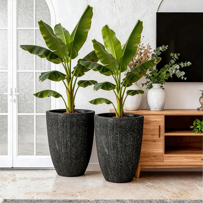 19" Concrete-Style Tall Round Planters for Indoor Outdoor Plants, Set of 2 Decorative Fluted Large Flower Pot, UV-Resistant Top-Tier Resin Planters for Garden Patio Porch Home Office Decor