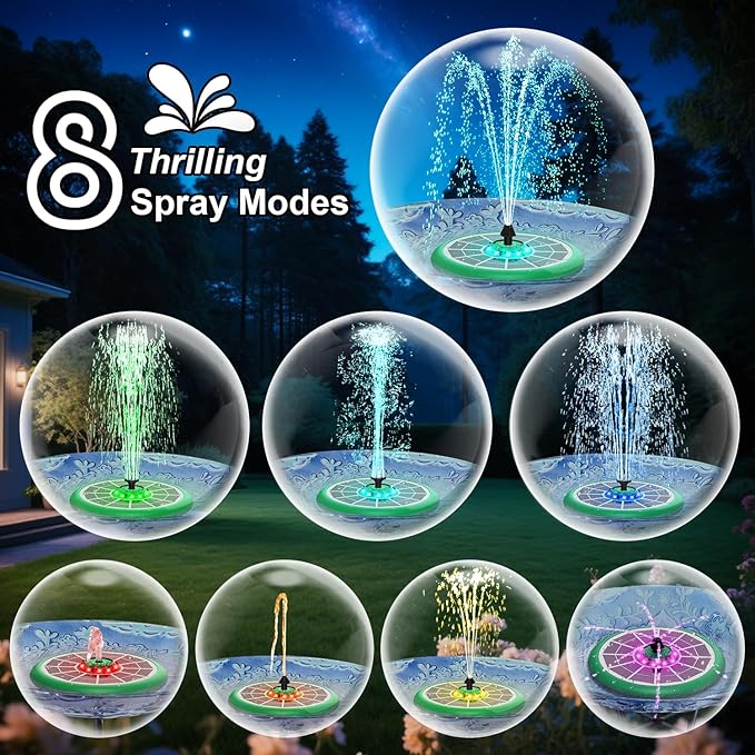 Solar Fountain UFO Style, 2026 Upgrade 5W Glass Solar Panel Bird Bath Fountain with LED Lights, 4000mAh Backup Battery, 7 Nozzles for for Garden, Pond, Pool, Patio Outdoor Water Feature