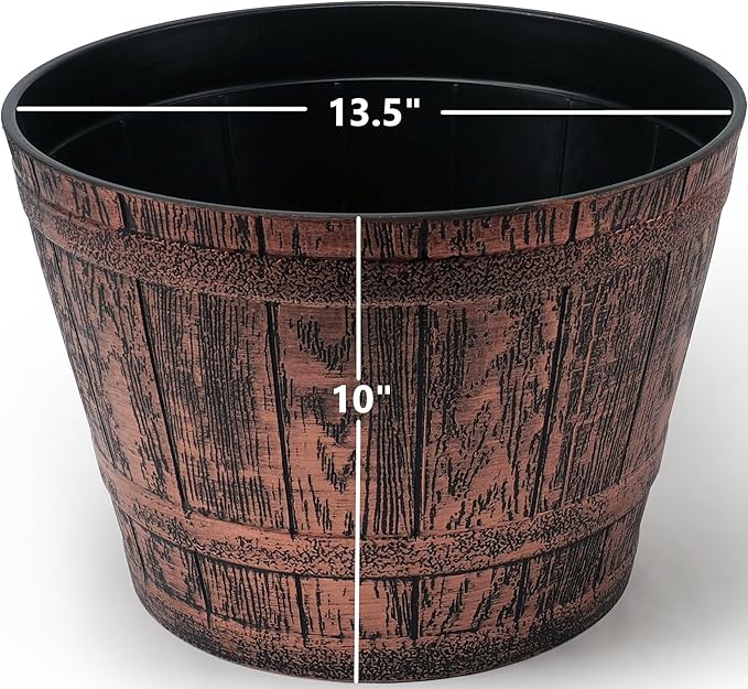 Large Whiskey Barrels Set of 2 Rustic Look (2 planters + 2 Matching Saucers) French Country Style Flowerpot Indoor Outdoor Garden Patio Office Home Decor Use Reusable Light Weight (Copper)