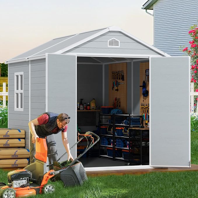 8x6 FT Outdoor Resin Storage Shed with Floor, All-Weather Plastic Garden Shed with Lockable Door & Windows, Waterproof Outside Tool Sheds for Backyard, Patio, Lawn, Tools Storage - Gray by PIPLEO