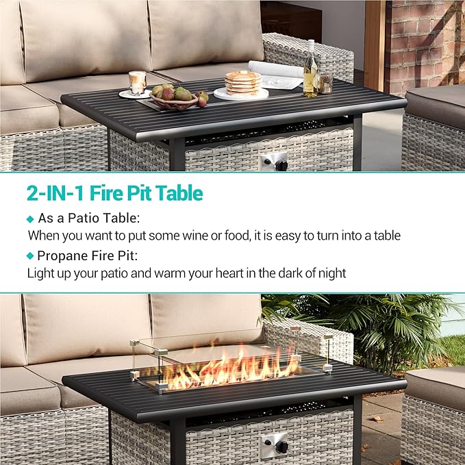 10-Piece Outdoor Patio Furniture Set with Swivel Rocking Chair, Outdoor Sectional Sofa with 55,000 BTU Fire Pit Table PE Wicker Rattan Patio Conversation Set with Coffee Table, Khaki
