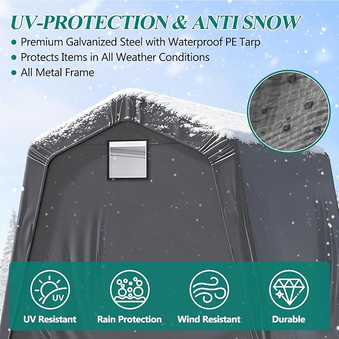 GARTOO 8' x 8' Outdoor Storage Shelter Shed- Heavy Duty Storage Tent with Roll-up Ventilated Windows, Portable Garage Zipper Storage shed for Bike, ATV, Motorcycle Shelter, Gray - Image 4