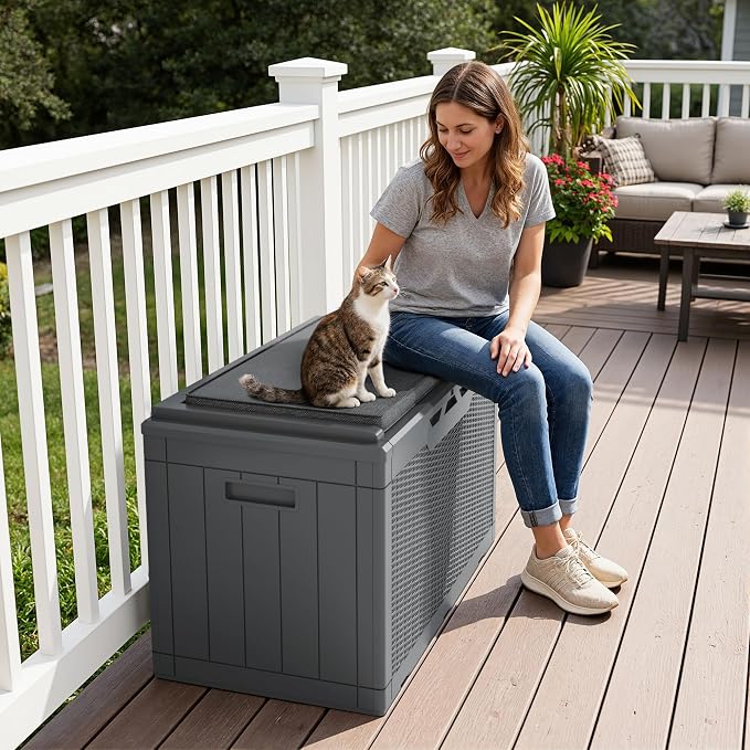 Greesum 100 Gallon Resin Deck Box Large Outdoor Storage Boxes with Cushions for Garden Tools, Patio Furniture Pillows, Pool Supplies, Gray - Image 2