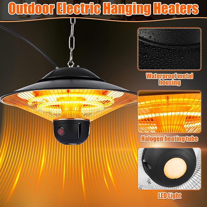 1500w Ceiling Mounted Outdoor Heaters Electric Hanging Infrared Patio Heater with Remote Control, Dust Cover and Adjustable Chain, 3 Adjustable Modes for Garage, Gazebo, Balcony, Courtyard