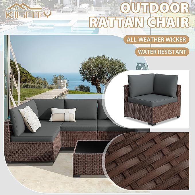 KIGOTY Patio Furniture Set,7 Pieces Modular Outdoor Sectional Sofa, PE Rattan Patio Conversation Set, All Weather Wicker Patio Furniture with Cushions and Coffee Table（Brown/Dark Grey）