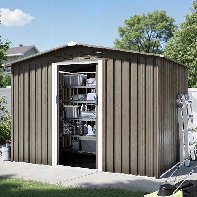 8 x 6 FT Outdoor Storage Shed with Frame Floor, Waterproof Lockable Door Metal Tool Shed with Sliding Door and Ventilation, Gardening Tool Storage Room, Metal Storage Shed for Gardens & Lawns by ASJMR