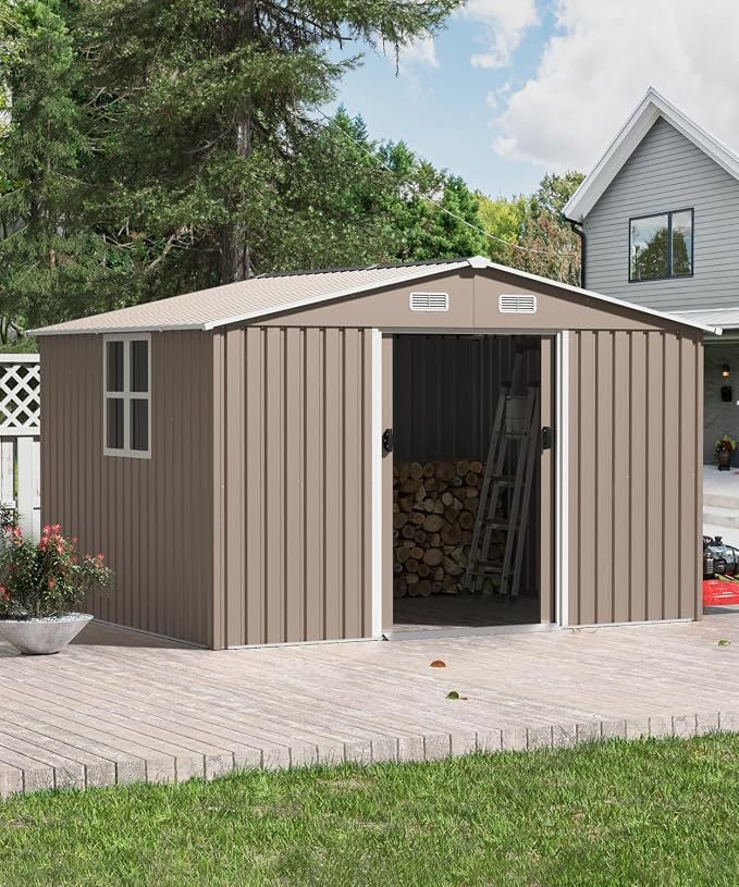 10FT x 8FT Outdoor Storage Shed, Waterproof Lockable Door Metal Tool Shed with Sliding Door and Ventilation, Gardening Tool Storage Room, Metal Storage Shed for Gardens and Lawns by ASJMR