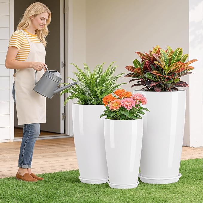 QCQHDU 24, 21, 18 inch Tall Planters for Outdoor Plants, with Drainage Hole & Saucer, Set of 3 Tall Outdoor Planter for Indoor & Outdoor Plants, Modern Home Decor