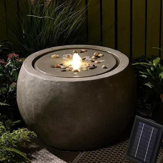Solar Water Fountain Outdoor Garden Bubbler Large Water Feature Outdoor Fountains Solar Powered with Pebbles for Patio Deck Yard Home Decor Gray, 25 "L X 25" W X 17.5" H