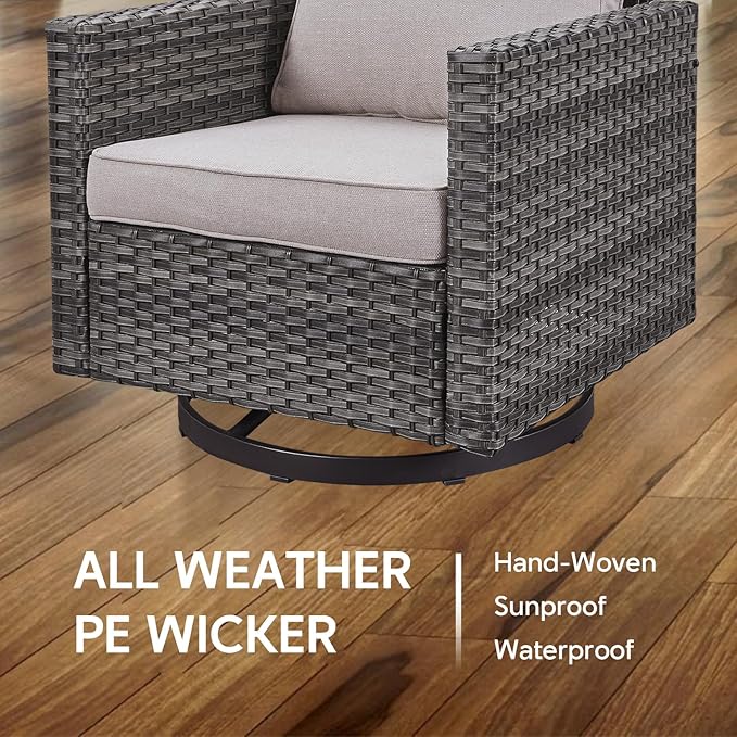 6 Piece Wicker Patio Furniture Set - Outdoor Swivel Rocker Chairs Set with Coffee Table, 3 Seat Sofa & Ottomans, Small Patio Conversation Sets Proch Furniture for Balcony Deck - Grey/Beige