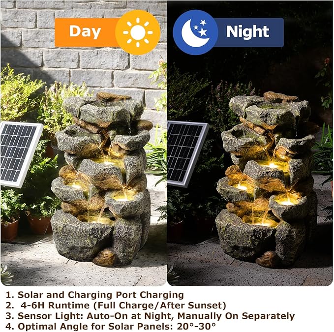 Solar Water Fountain Outdoor Garden,5 Tiered Cascading Rock Solar Powered Water Fountain Water Fall Fountains Outside with Lights for Backyard, Patio, Deck, Porch, 19.3" H x 12.2" L x 9.5" W