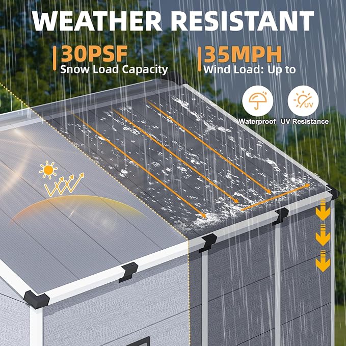 MELLCOM 8 x 8 FT Resin Outdoor Storage Shed with Floor, Storage Tool Shed with Windows and Lockable Door, Resin Garden Shed for Lawnmower, Bike, Pool Supply - Image 5
