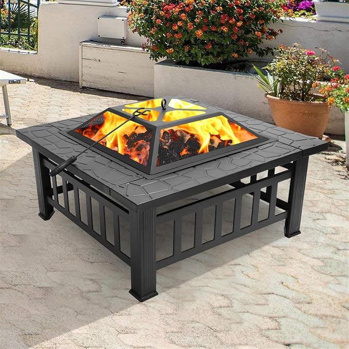 32in Portable Square Fire Pits,Modern Large Camping Fire Bowl,Metal Outdoor Wood Burning Firepit,Outside Bonfire Fireplace,with Spark Screen,for Patio Garden Campfire Party Backyard (Black) - Image 6
