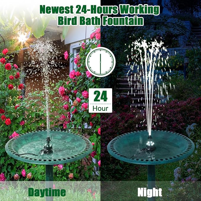 SZMP Bird Bath Fountains, Upgraded 24-Hours Working Bird Bath Fountain Pump with Light & 7 Nozzle, 16.4Ft Power Cord & Adapter, Adjustable Water Pump for Garden, Pond, Fish Tank, Outdoor (White)