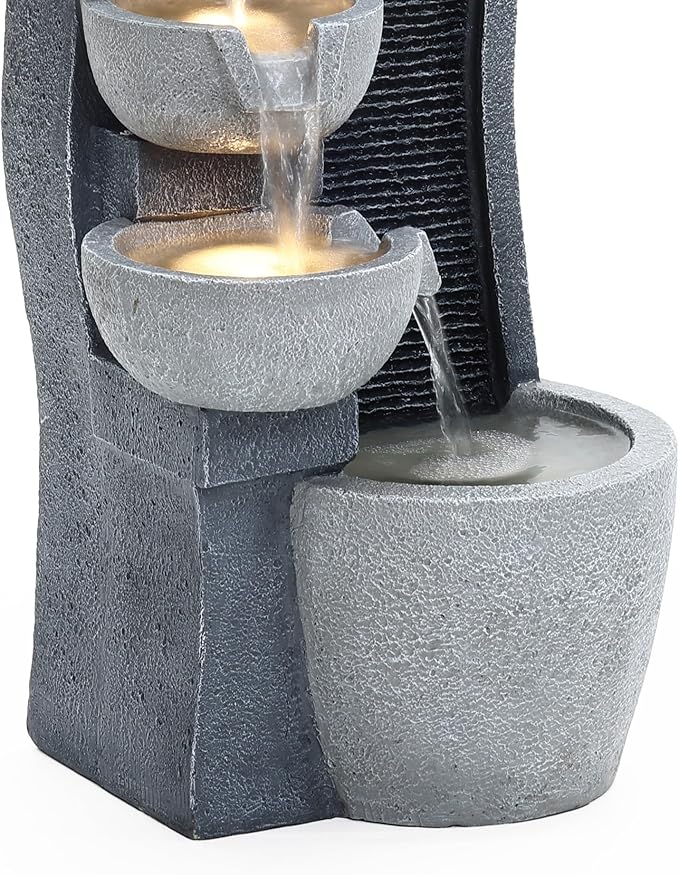 LuxenHome Water Fountain Outdoor, 26 Inch Resin Cascading Bowl Water Fountains Indoor with LED Lights, Modern Garden Decor, Small Waterfall Fountain, Outdoor Fountains and Waterfalls Garden Decor