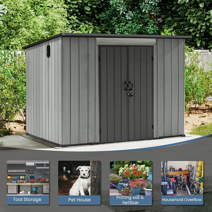 Domi 6.2x9.3 FT Outdoor Resin Storage Shed, All-Weather Double-Wall Storage Building with Sloping Roof for Backyard, Garden, Lawn Tools, Mower, Bike & Pool Equipment, Lockable Doors, Ventilated Roof - Image 8