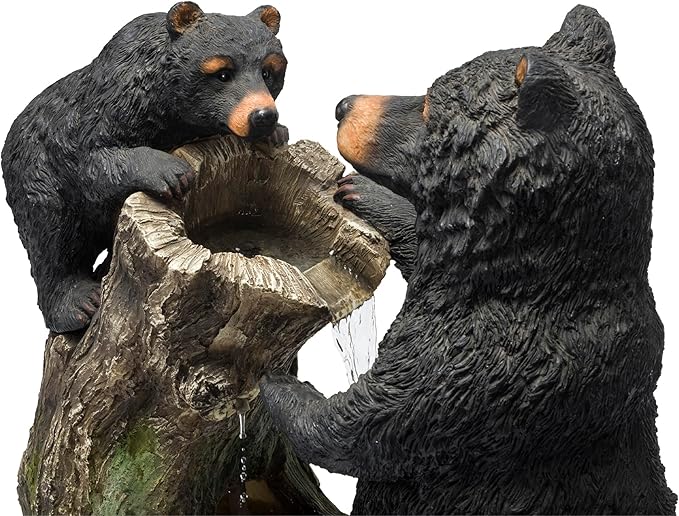 Alpine Corporation USA1132 Indoor/Outdoor Floor Bear and Cub on Log Fountain, Playful Bear and Cub Garden Fountain 26", Black
