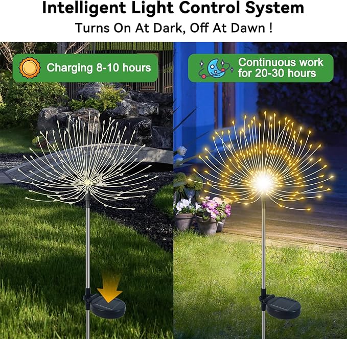 Solar Garden Lights Outdoor Waterproof, 2 Pack 120 LED Solar Firework Lights Decorative Garden D??cor Outside for Flowerbed Pathway Party Christmas Decoration, Warm White