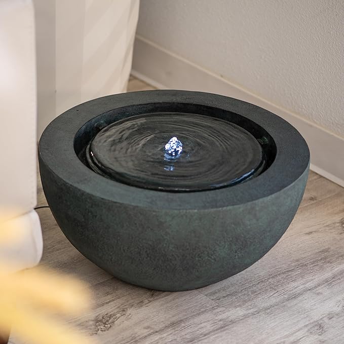 XBrand 19.8" W Round Sphere Water Fountain Indoor Outdoor with LED Light, Polyresin Bubbler Feature for Patio Garden Yard Home Décor, Dark Green