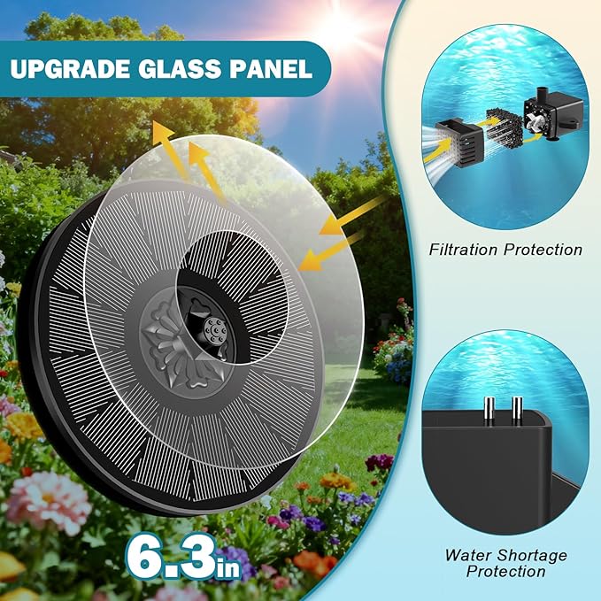 SZMP Solar Fountain for Bird Bath Spraying Water on Cloudy Day, Solar Water Fountain Pump Outdoor Garden 3.5W Black Glass Panel with 2000mAh Battery Replaceable Nozzles