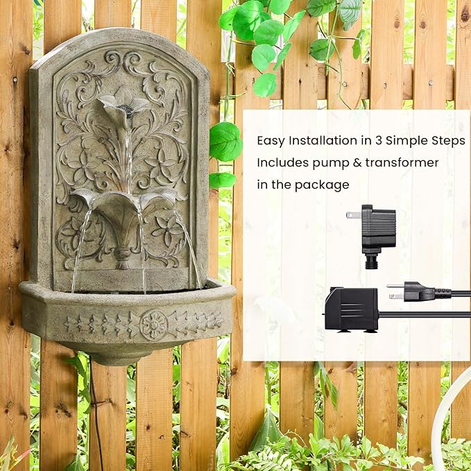 Vintage Wall-Mounted Outdoor Fountain, 28.3" H Resin Garden Water Feature with Floral Carving, Decorative Antique Wall Waterfall for Patio, Yard, Porch & Home Décor