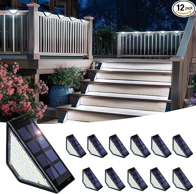 SOLPEX Solar Step Lights for Outside, 24 LEDs Solar Stair Lights Outdoor Waterproof Decor for Porch, Front Door, Stair, Step, Deck, Fence, Balcony, Patio, Wall, Yard, Garden(12 Pack, Cold White)