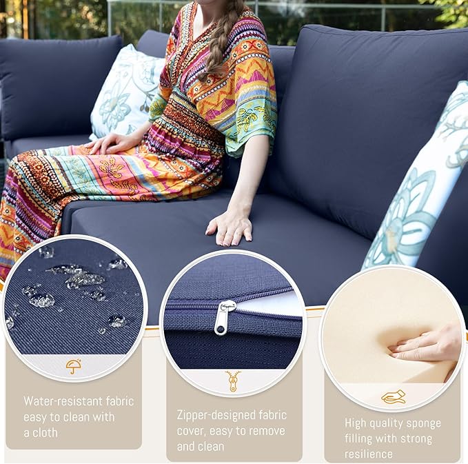BULEXYARD 9 Pcs High Back Outdoor Sectional Set with Firepit Table, Luxury Patio Furniture Seating Set, Oversized Wide Deep Modular 8-Seater Couch Sofa for Backyard, Brown Wicker & Navy Blue Cushion