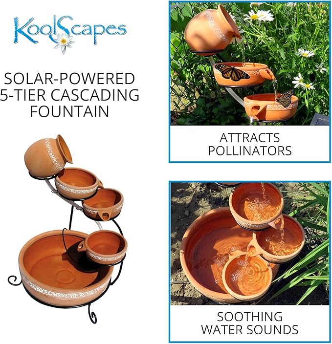 Koolscapes Solar-Powered 5-Tier Cascading Fountain, Terracotta Clay Pots, Self-Contained Water Feature, Low-Maintenance Outdoor Fountain for Deck Porch Balcony Garden Yard Pool Patio
