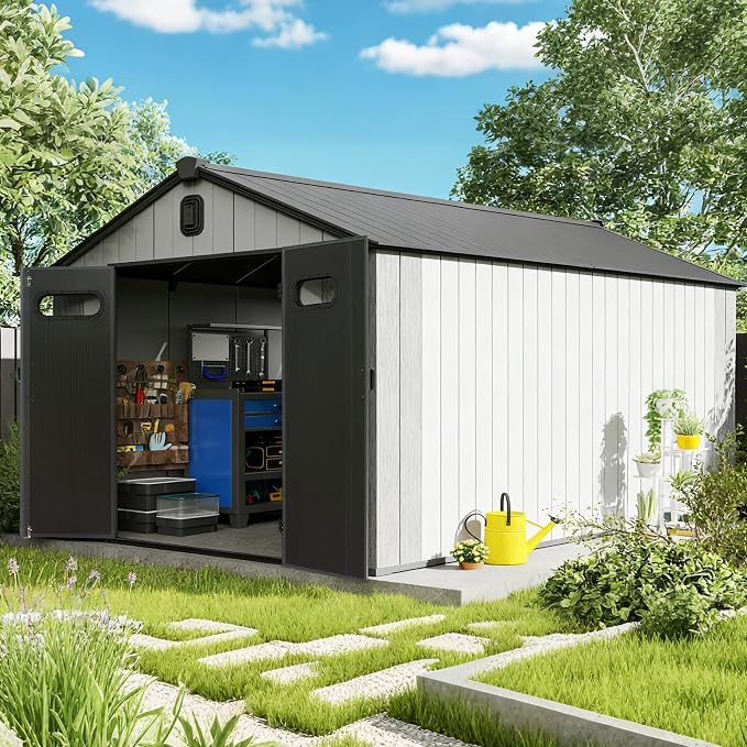Domi 8x16 FT Outdoor Resin Storage Shed, All-Weather Double-Wall Storage Building with Lockable Doors and Ventilated Roof, Ideal for Lawn Tools, Bikes, Mowers, and Pool Equipment, Grey by domioutdoorliving