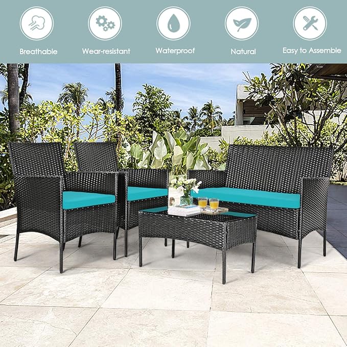 4 Pieces Patio Furniture Set, Outdoor Conversation Set with Ergonomic Curved Backrest, Patio Chair Set with Water-Resistant Cushion & Tempered Glass Table for Balcony,Porch (Turquoise)