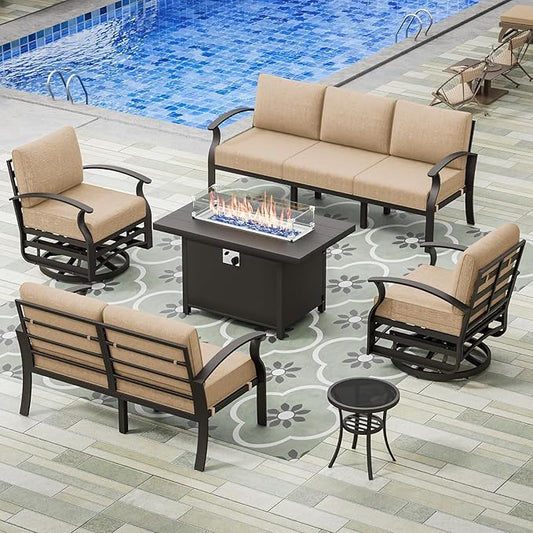 Aluminum Patio Furniture Set with Fire Pit Table, 7 Seats Outdoor Patio Conversation Sets with Swivel Chair Modern Metal Sectional Sofa with Upgrade Cushions for Patio, Backyard