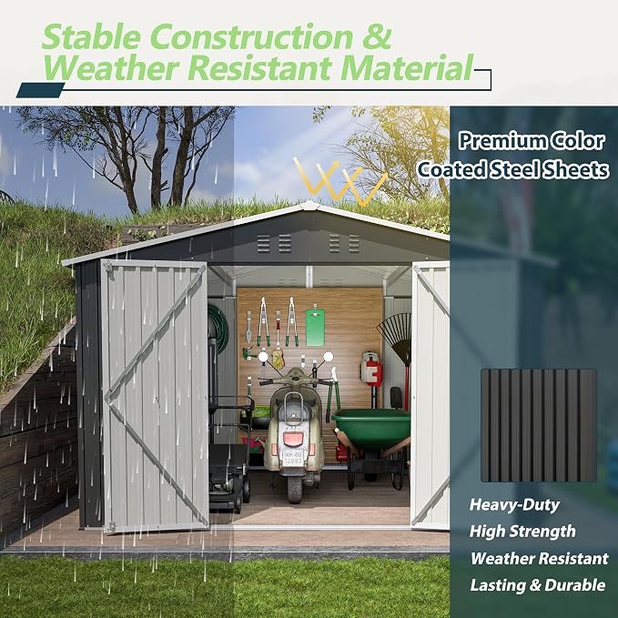 YOPTO 10 x 10 FT Outdoor Storage Shed,Heavy Duty Tool Sheds Metal Storage Garden Shed with Sloped Roof and Lockable Doors,Large Metal Storage Sheds for Backyard Patio Lawn, Black - Image 5