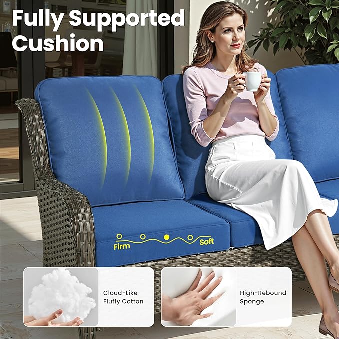 ovios 6-Piece Patio Furniture Set with Swivel Chairs Coffee Table, Outdoor Wicker Sofa with Comfy Cushions, High Back Couch Modern Conversation Sets, Brown/Navy Blue