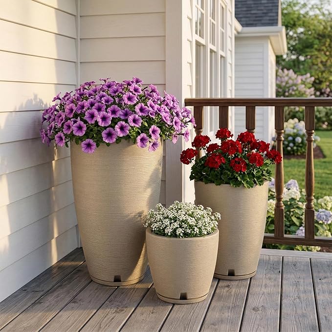 Floridis Planter, Set of 3, Outdoor/Indoor, Plastic Resin (Beige)