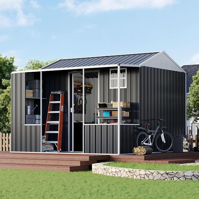 VanAcc 9x9x7 FT Metal Storage Shed, Dual-Zone Tool Shed with Work Area, Reinforced Frame, Gable Roof, Ventilated Design, Dark Grey by VANACC