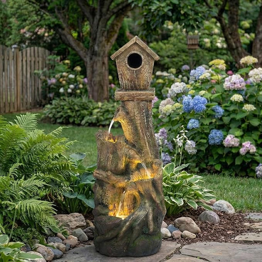 Outdoor Water Fountain with LED Lights – Charming Garden Patio Water Feature, Rustic Design, Weather-Resistant Fiberglass, Perfect for Backyards Outdoor Garden and Entryways