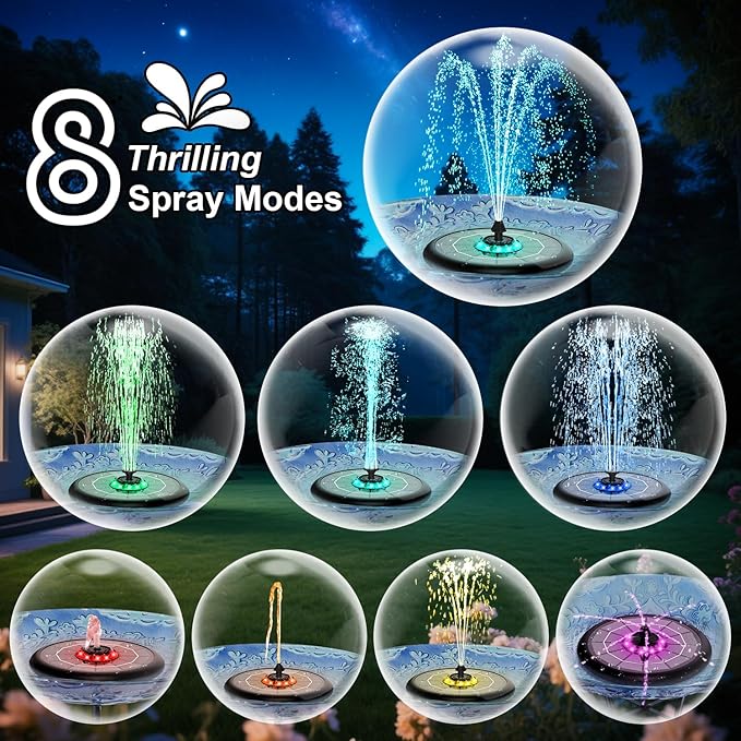 Solar Fountain UFO Style, 2026 Upgrade 5W Glass Solar Panel Bird Bath Fountain with LED Lights, 4000mAh Backup Battery, 7 Nozzles for for Garden, Pond, Pool, Patio Outdoor Water Feature