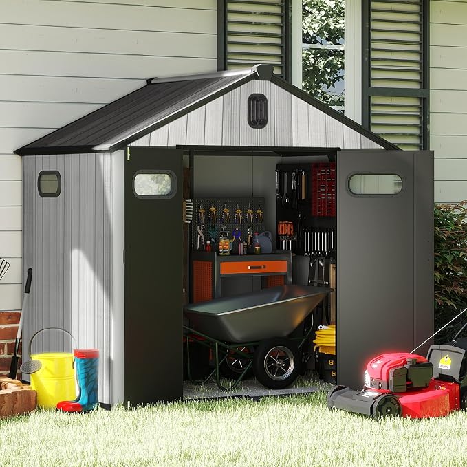 Domi 8x6 FT Outdoor Resin Storage Shed, All-Weather Double-Wall Storage Building for Backyard, Garden, Lawn Tools, Mower, Bike & Pool Equipment, Lockable Doors, Ventilated Roof, Grey - Image 3