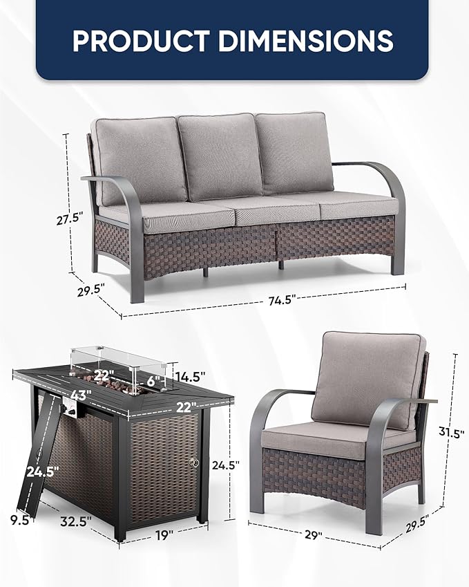 HUMMUH Wicker Patio Furniture Set with Fire Pit-Outdoor Wicker Chairs Set of 2 with Outdoor Patio Couch Outdoor Furniture Sets for Deck Porch Garden Poolside Backyard-Brown/Grey