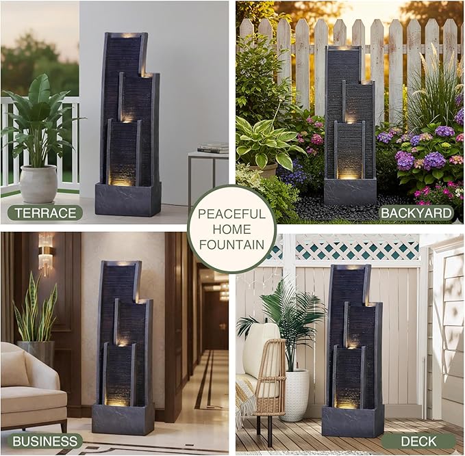 40.5" H Large Modern Indoor Water Fountains - Floor Standing Waterfall Fountain for Indoor or Outdoor with LED Light and Pump for Deck, Patio, Porch, Garden, Yard Decor, Outside Water Feature