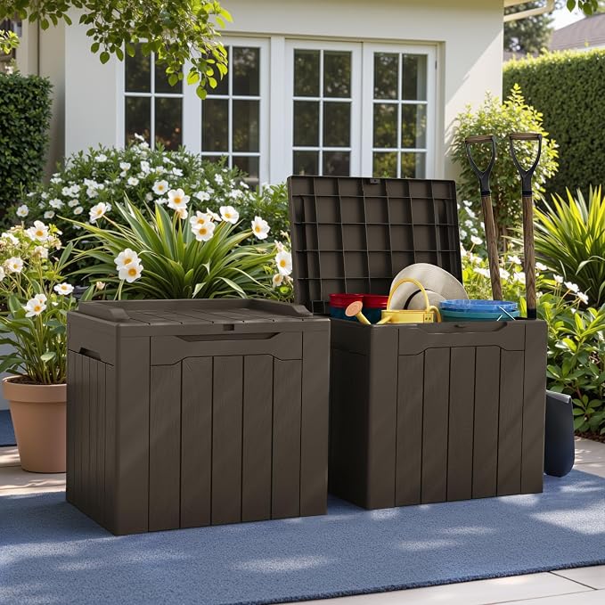 Greesum 31 Gallon Deck Box for Outside, All Weather Outdoor Storage Boxes for Patio Furniture Set, Package Delivery Box, Garden Tools, Brown(Set of 2) - Image 3
