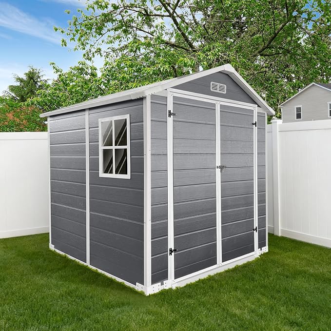 YOPTO 6x6 FT Storage Shed,Plastic Outdoor Storage Shed with Floor and Lockable Door,Waterproof Garden Shed W/Windows & Vents,Sloped Roof,Tool House for Storing Bicycles,Lawnmowers,Gray - Image 2