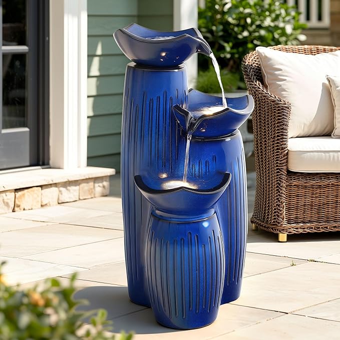 30" H Ceramic Outdoor Water Fountain with LED Lights, 3-Tier Cascading Lotus Bowls Water Feature, Soothing Cascading Waterfall for Garden, Patio, Yard, Cobalt Blue Vertical Striped Texture