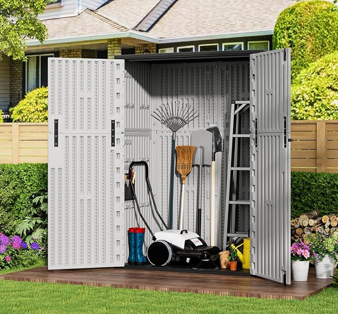 KINYING Outdoor Vertical Storage Shed,57 Cu.ft Outdoor Storage Cabinet Waterproof,Resin Sheds & Outdoor Storage for Garden,Patio,Backyard,Lockable (Grey Color) - Image 2