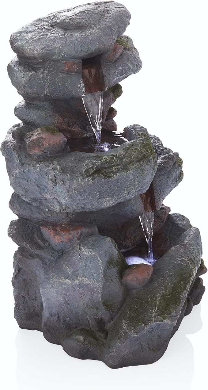 Alpine Corporation 22" Tall 3-Tier Outdoor Rock Waterfall Fountain with LED Lights, Natural Stone Look for Garden, Patio, Yard & Porch Decor, Gray